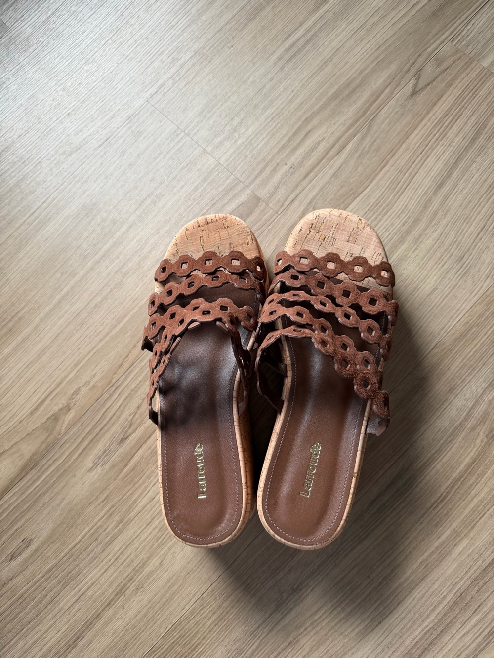 Larroude Brown Suede Cutout Cork Wedge Sandals